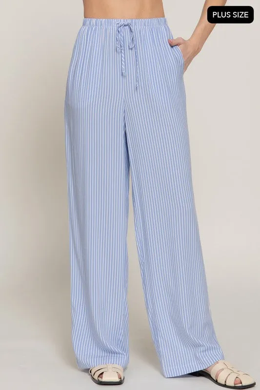 Plus Size Waistband with String Blue Stripe Print Woven Pants