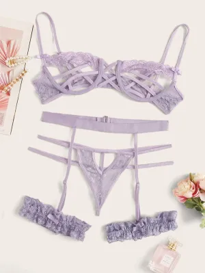 Plush Lace Underwire Lingerie Set With Garter