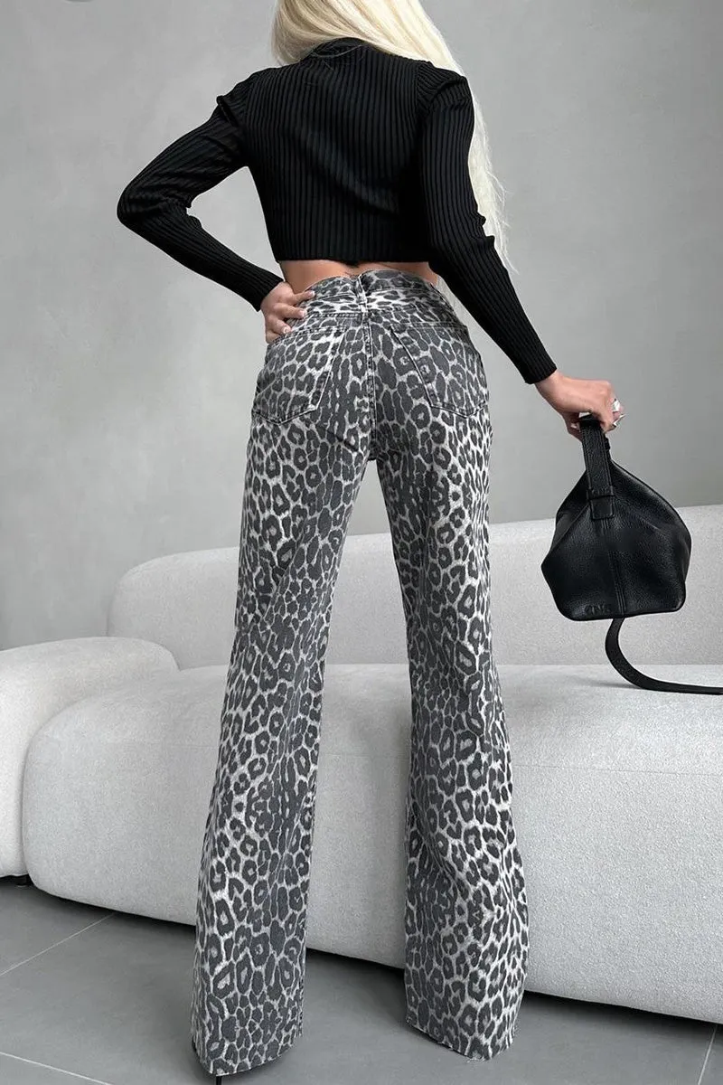 PN0230 Leopard Denim Long Jeans