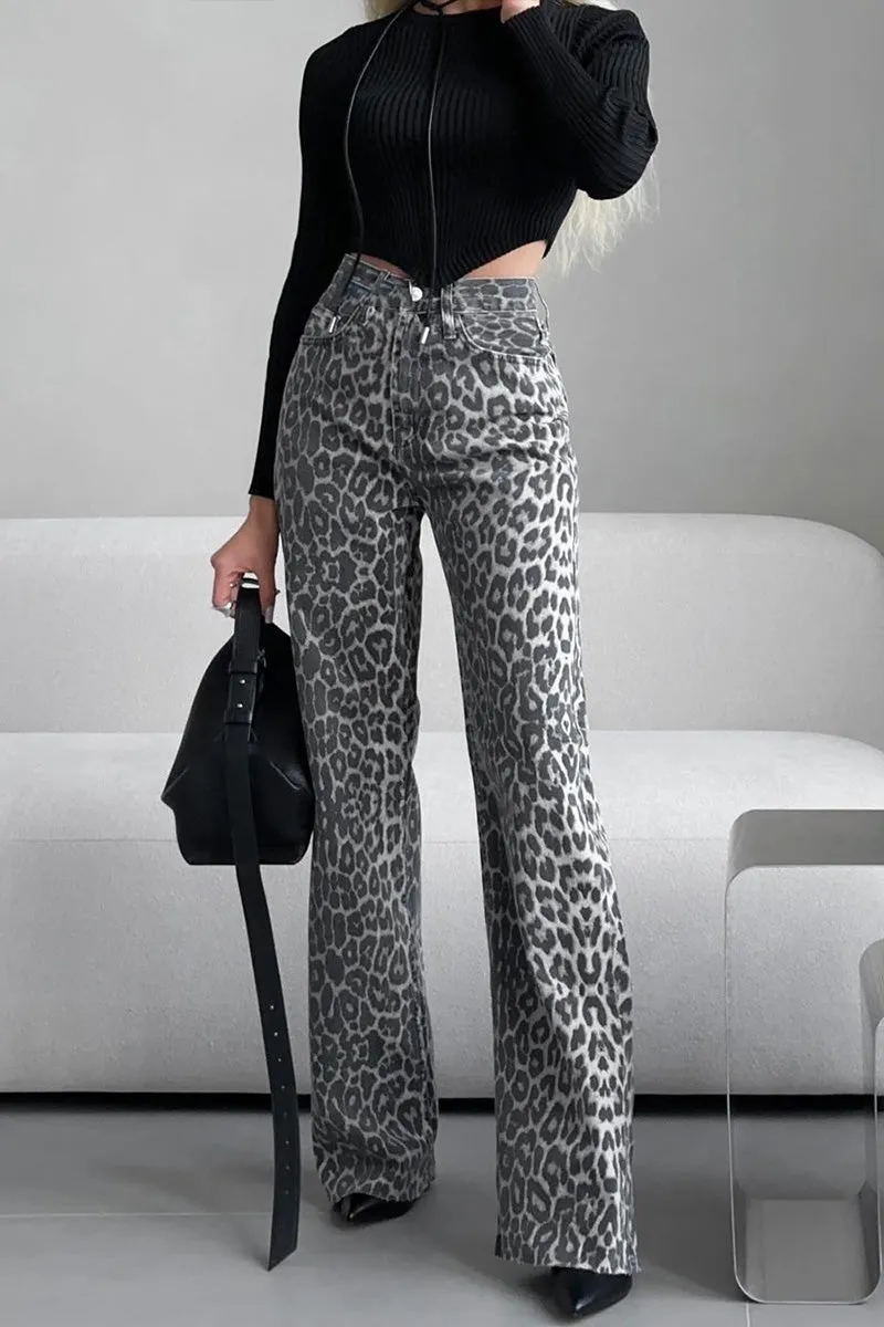 PN0230 Leopard Denim Long Jeans