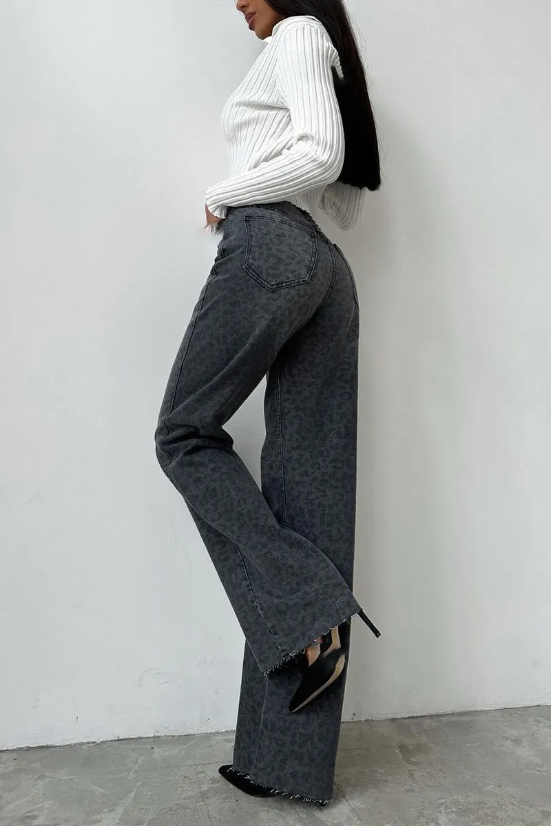 PN0230 Leopard Denim Long Jeans
