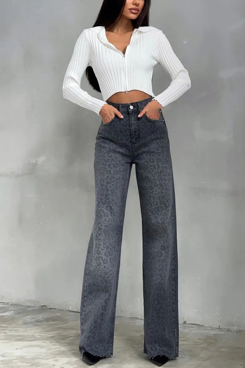 PN0230 Leopard Denim Long Jeans