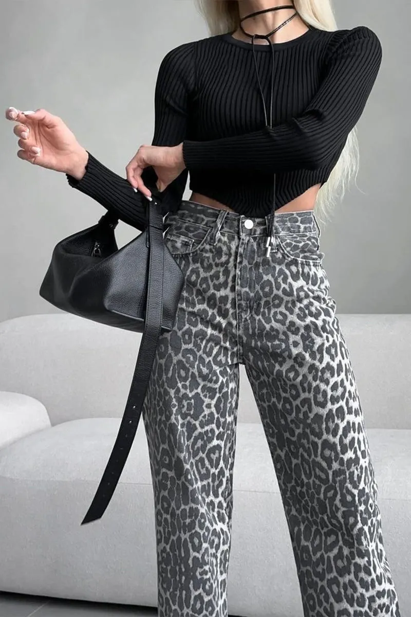 PN0230 Leopard Denim Long Jeans