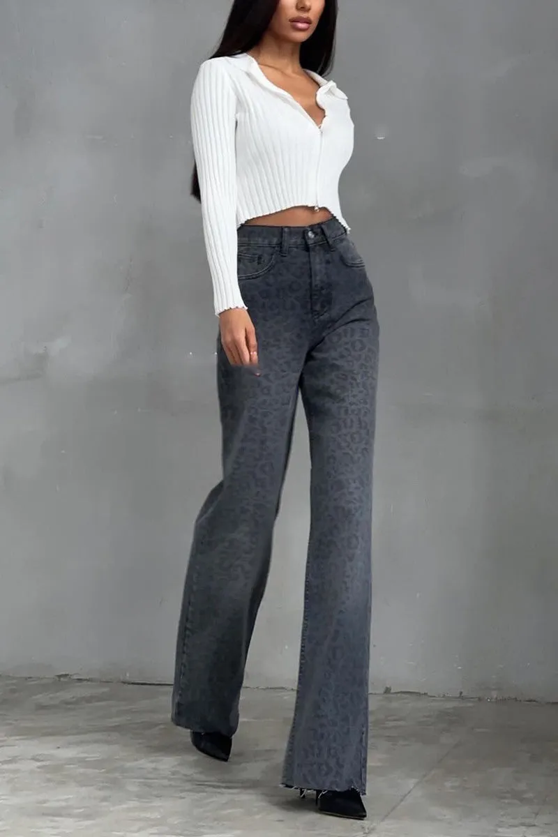 PN0230 Leopard Denim Long Jeans