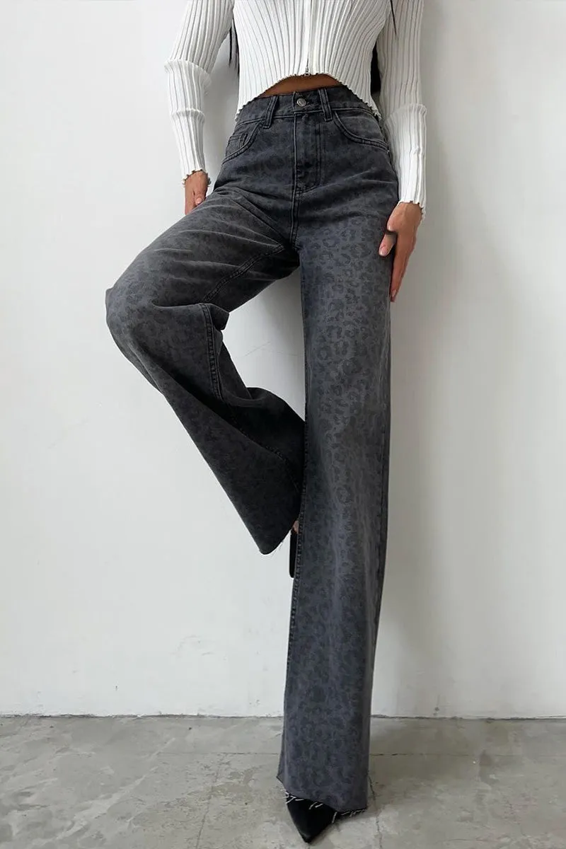 PN0230 Leopard Denim Long Jeans