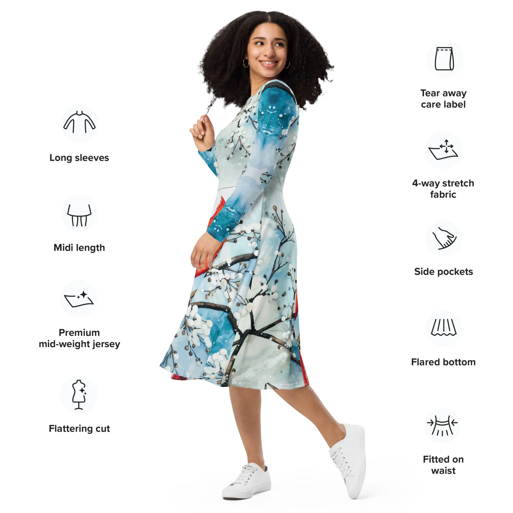 Red Bird in the Snow Printed Long Sleeve Midi Dress