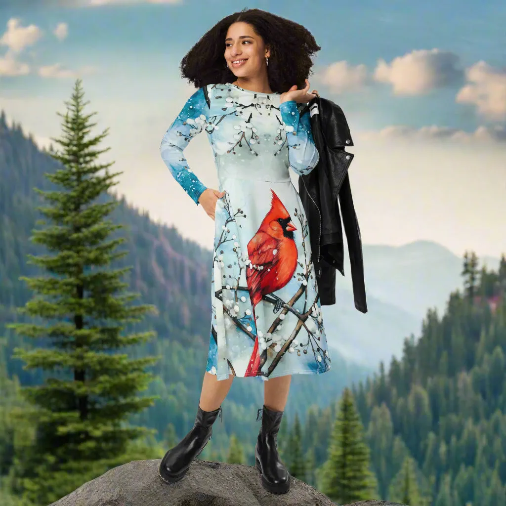 Red Bird in the Snow Printed Long Sleeve Midi Dress