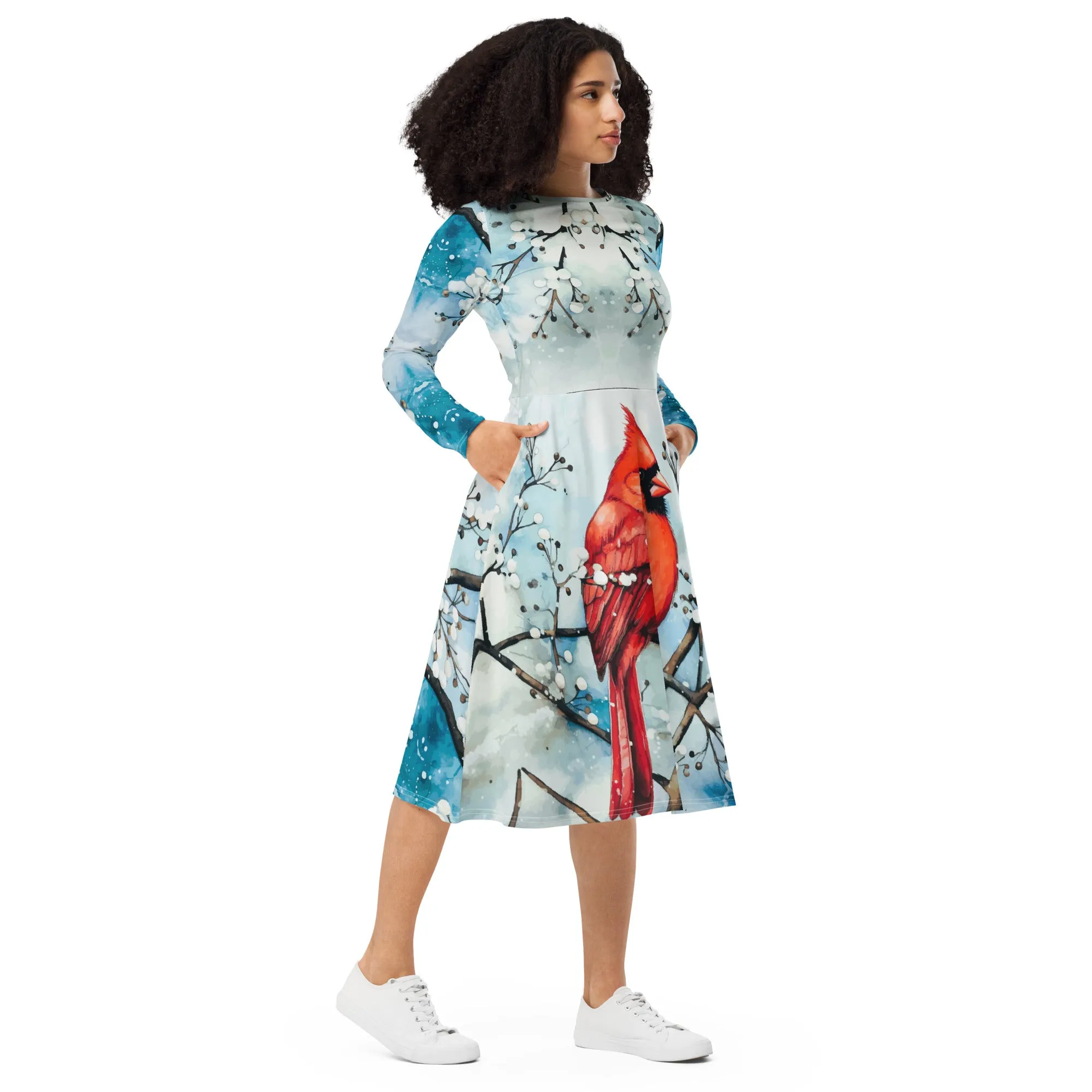 Red Bird in the Snow Printed Long Sleeve Midi Dress
