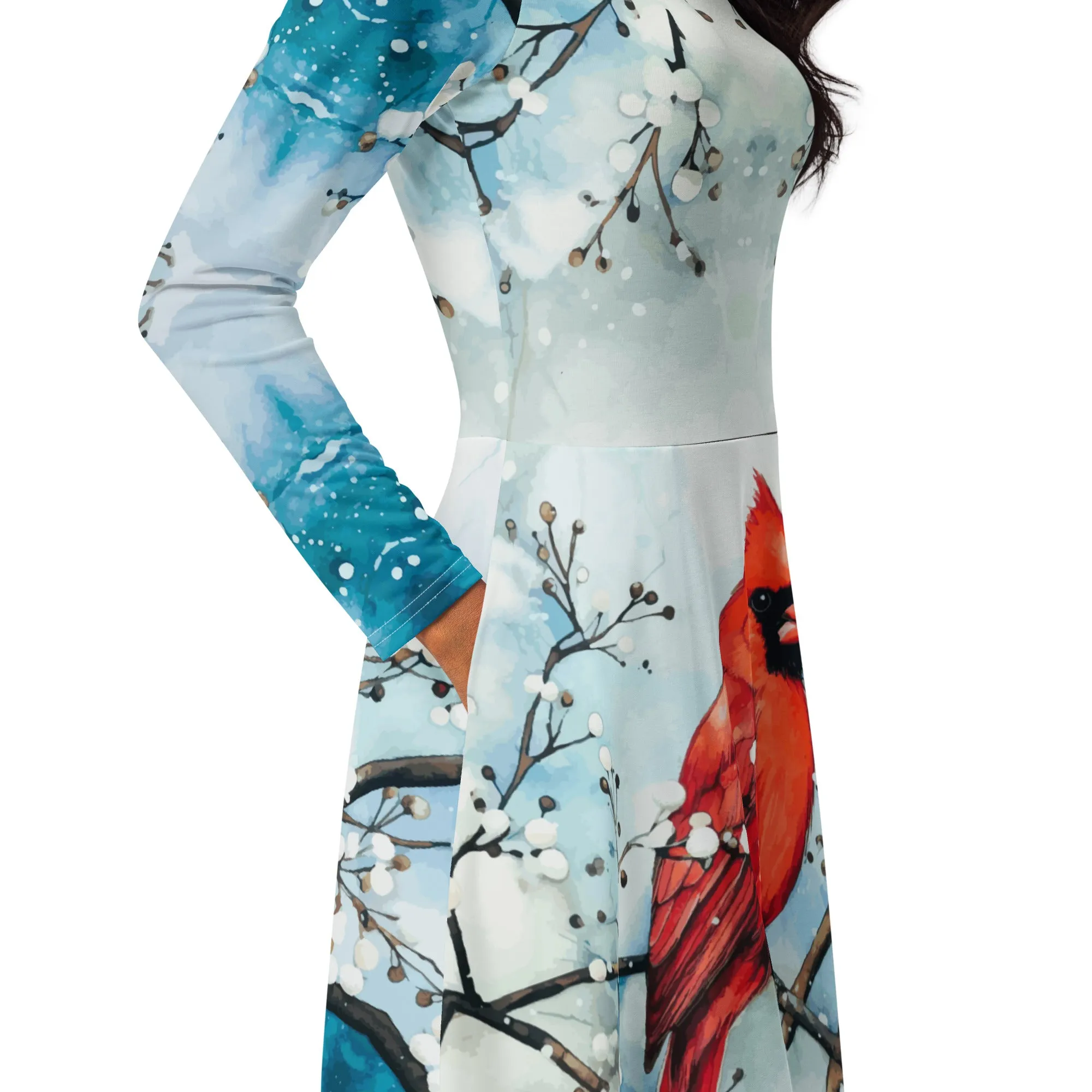 Red Bird in the Snow Printed Long Sleeve Midi Dress