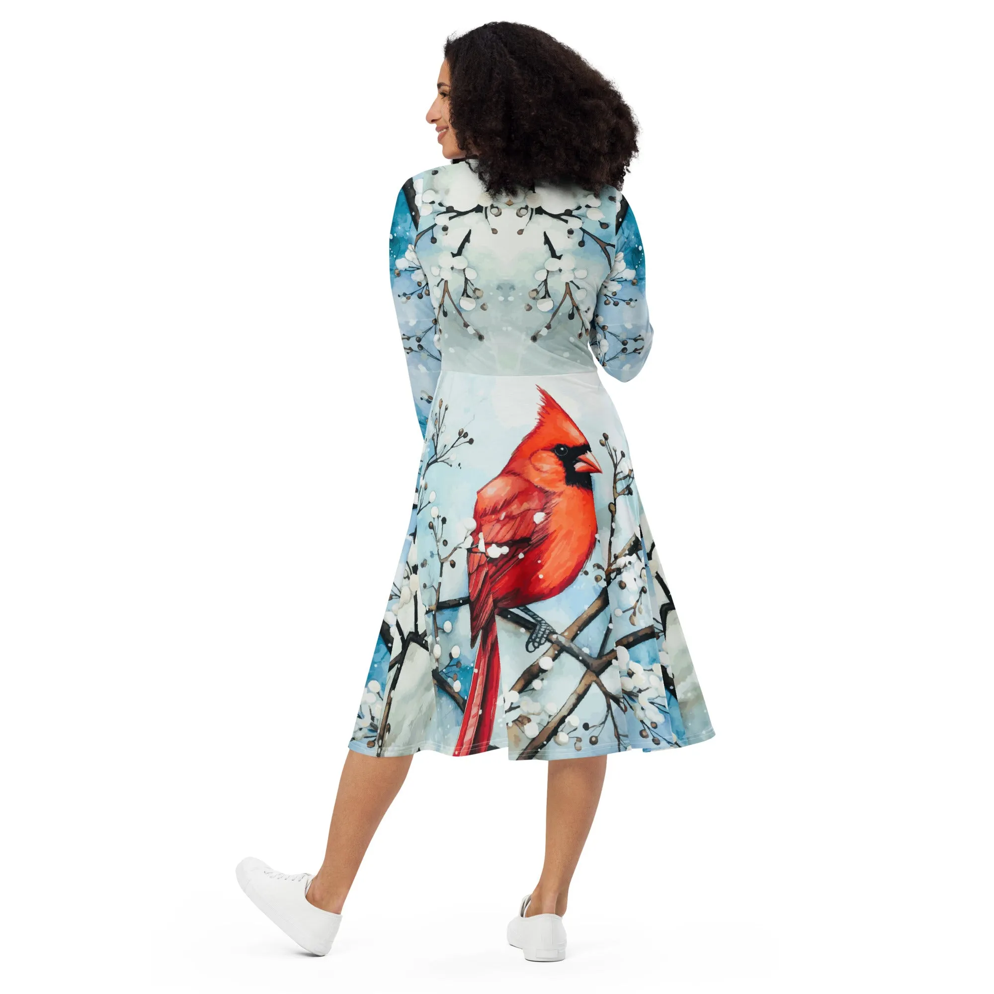 Red Bird in the Snow Printed Long Sleeve Midi Dress