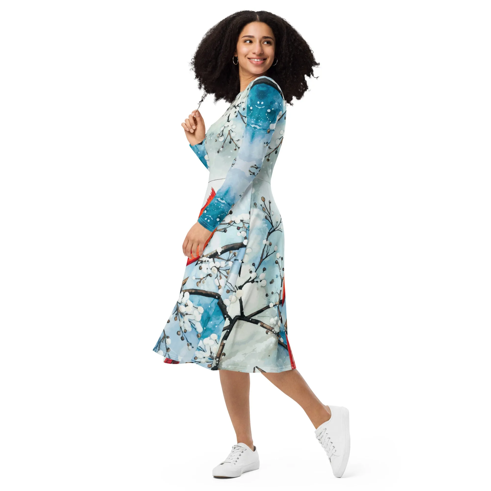 Red Bird in the Snow Printed Long Sleeve Midi Dress