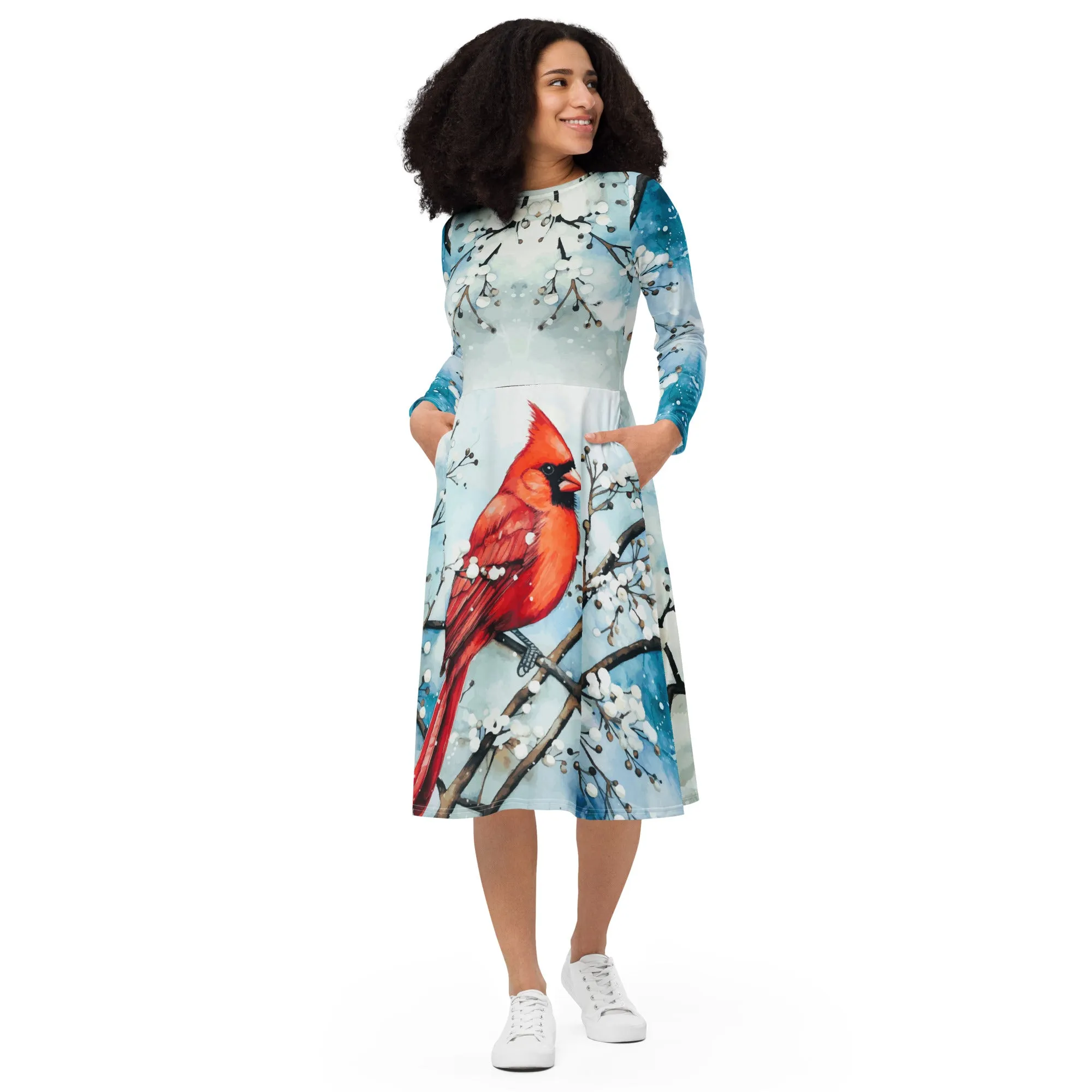 Red Bird in the Snow Printed Long Sleeve Midi Dress