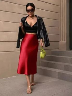 Red Satin Flared Skirt