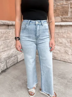 Risen High Rise Frayed Ankle Wide Jeans