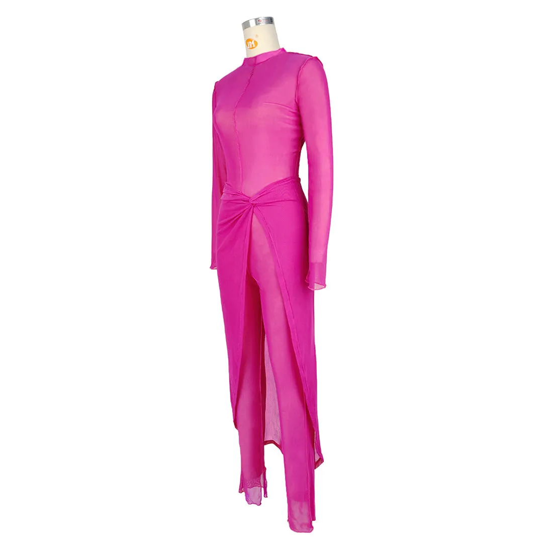 Sheer Mesh Long Sleeve Jumpsuit Cover Up Skirt Sets