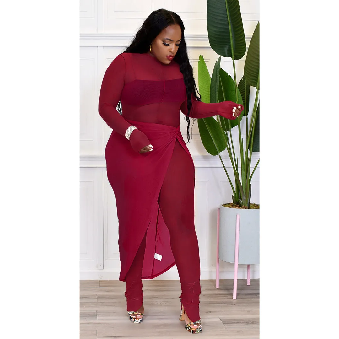 Sheer Mesh Long Sleeve Jumpsuit Cover Up Skirt Sets