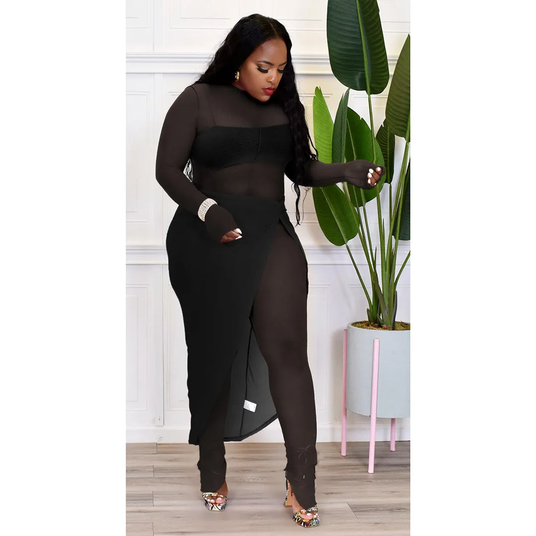 Sheer Mesh Long Sleeve Jumpsuit Cover Up Skirt Sets
