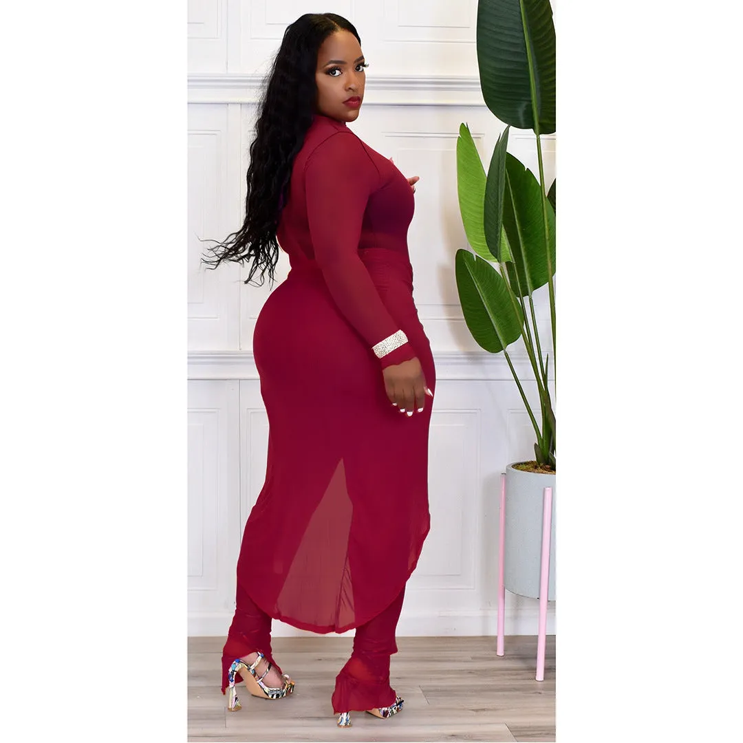 Sheer Mesh Long Sleeve Jumpsuit Cover Up Skirt Sets