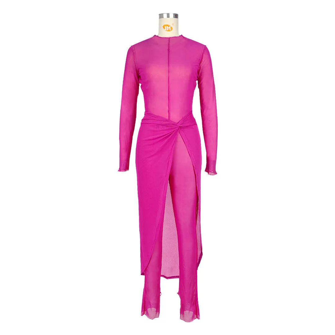 Sheer Mesh Long Sleeve Jumpsuit Cover Up Skirt Sets