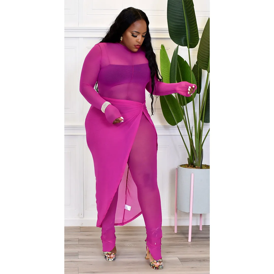 Sheer Mesh Long Sleeve Jumpsuit Cover Up Skirt Sets