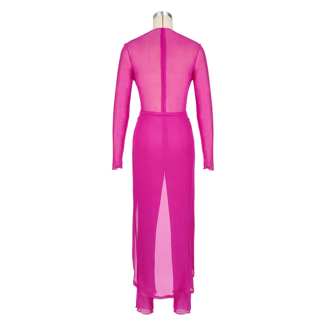 Sheer Mesh Long Sleeve Jumpsuit Cover Up Skirt Sets