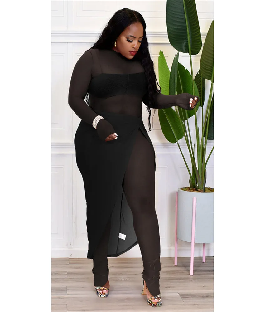Sheer Mesh Long Sleeve Jumpsuit Cover Up Skirt Sets