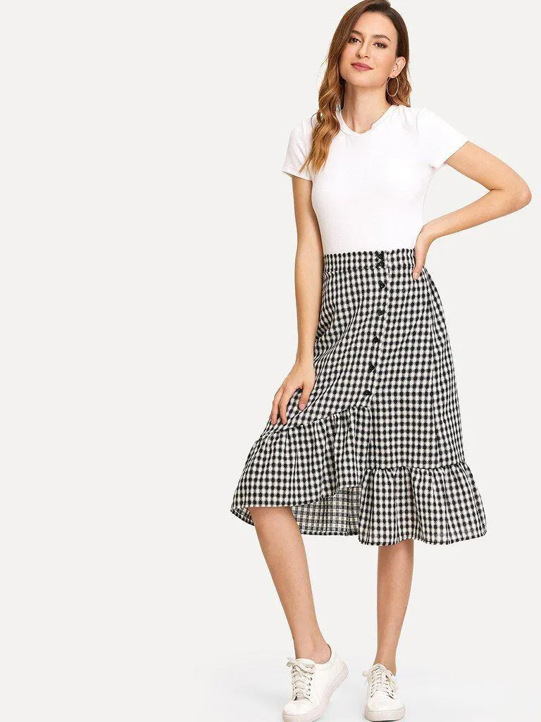 Single Breasted Ruffle Hem Checked Skirt