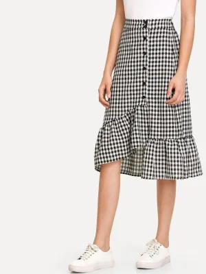Single Breasted Ruffle Hem Checked Skirt