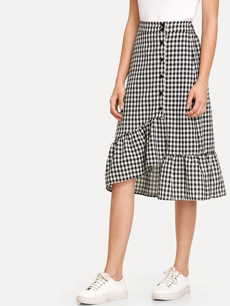 Single Breasted Ruffle Hem Checked Skirt