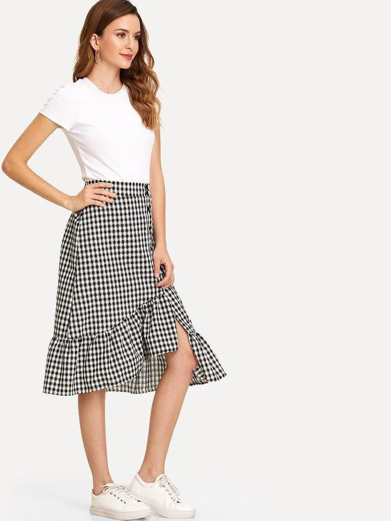Single Breasted Ruffle Hem Checked Skirt