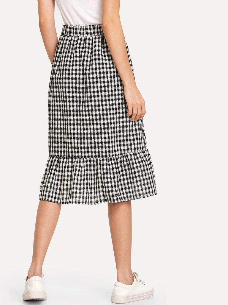 Single Breasted Ruffle Hem Checked Skirt