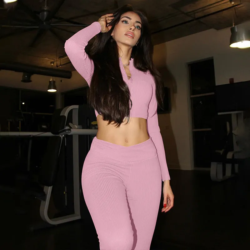 Sleek and Cozy Winter Solid Long-Sleeved Zipper Top and Pant Two-Piece Set
