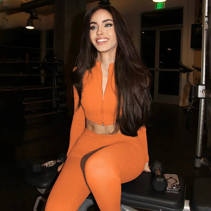 Sleek and Cozy Winter Solid Long-Sleeved Zipper Top and Pant Two-Piece Set
