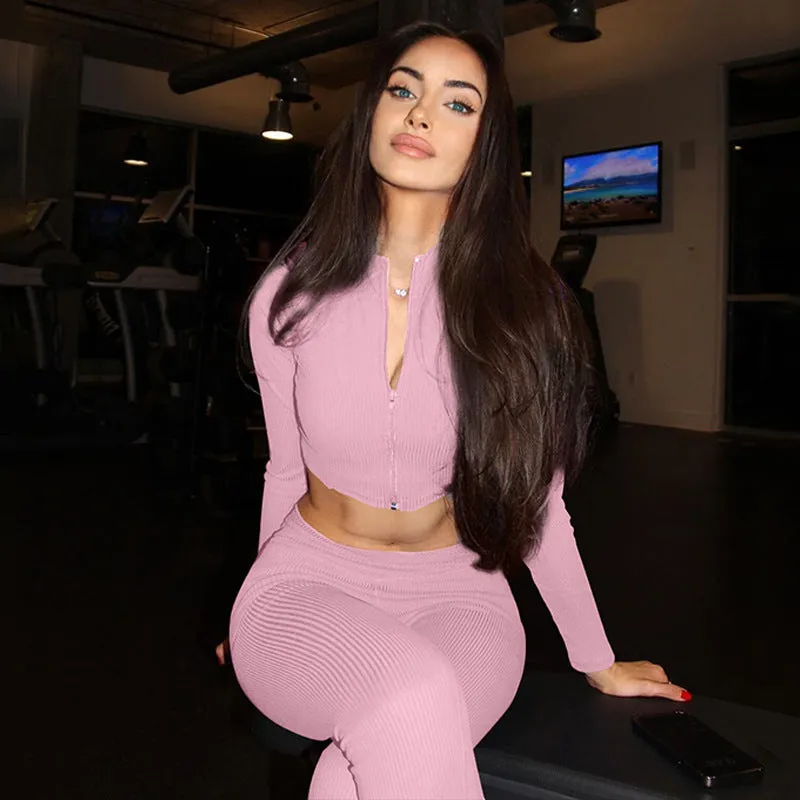 Sleek and Cozy Winter Solid Long-Sleeved Zipper Top and Pant Two-Piece Set