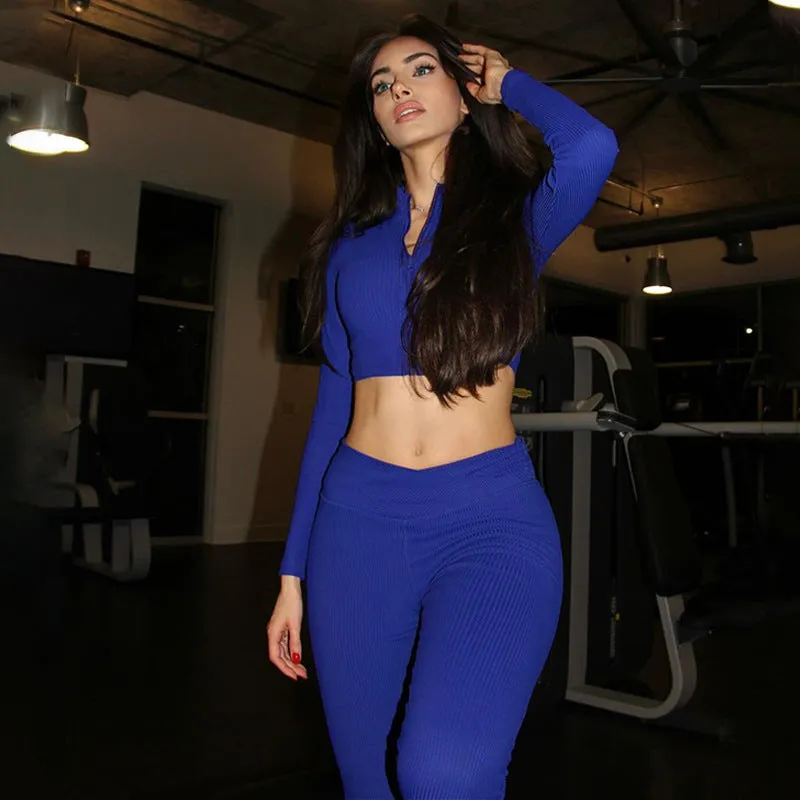 Sleek and Cozy Winter Solid Long-Sleeved Zipper Top and Pant Two-Piece Set