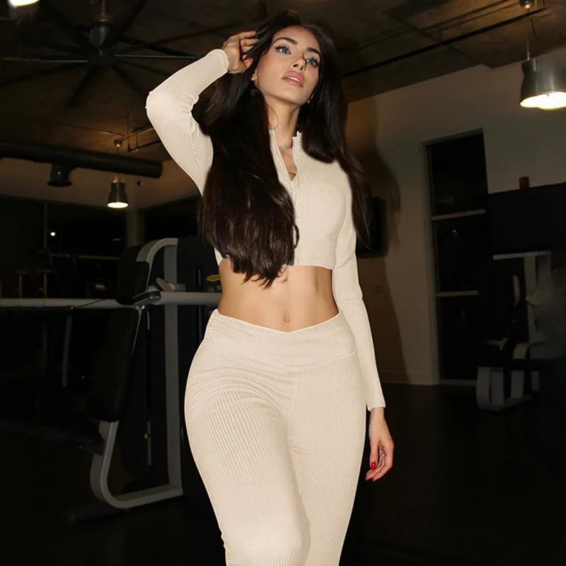 Sleek and Cozy Winter Solid Long-Sleeved Zipper Top and Pant Two-Piece Set