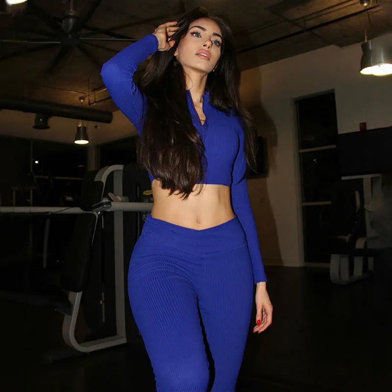 Sleek and Cozy Winter Solid Long-Sleeved Zipper Top and Pant Two-Piece Set