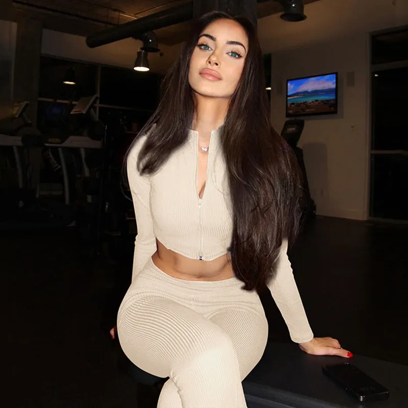 Sleek and Cozy Winter Solid Long-Sleeved Zipper Top and Pant Two-Piece Set