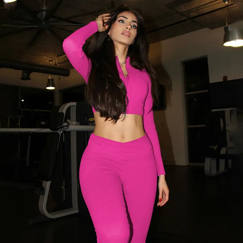 Sleek and Cozy Winter Solid Long-Sleeved Zipper Top and Pant Two-Piece Set