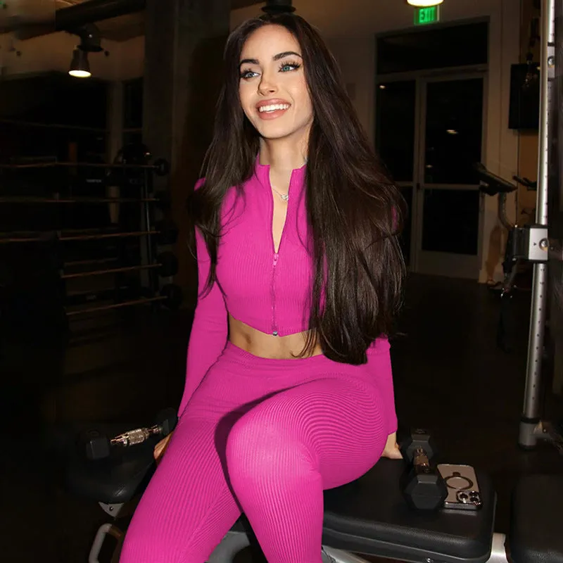 Sleek and Cozy Winter Solid Long-Sleeved Zipper Top and Pant Two-Piece Set