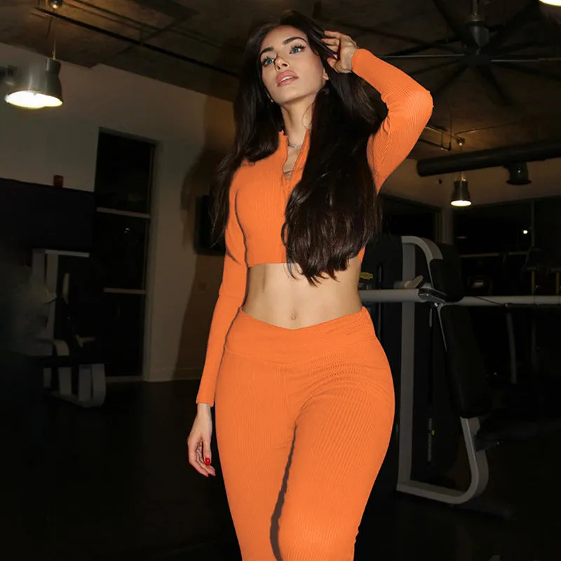 Sleek and Cozy Winter Solid Long-Sleeved Zipper Top and Pant Two-Piece Set