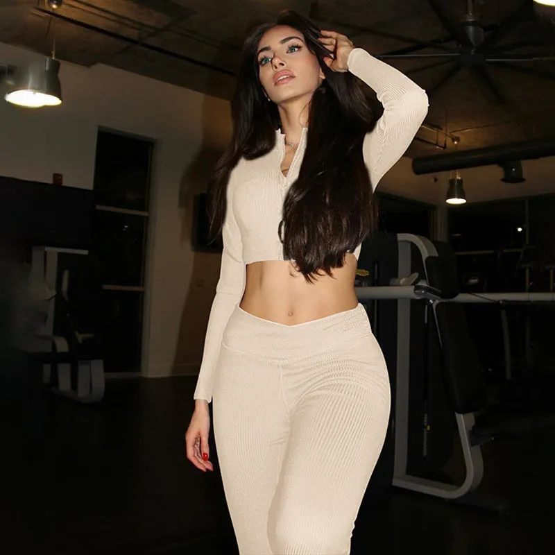 Sleek and Cozy Winter Solid Long-Sleeved Zipper Top and Pant Two-Piece Set