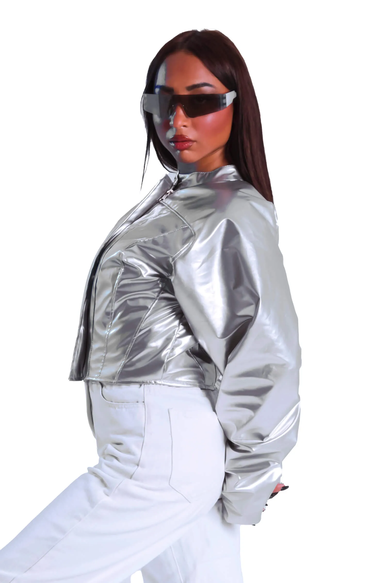 Sleek Silver Corset Leather Jacket