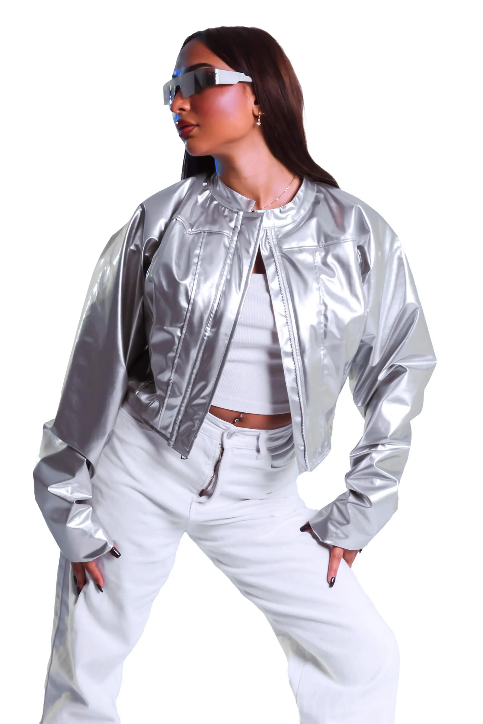 Sleek Silver Corset Leather Jacket