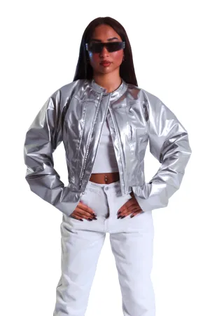 Sleek Silver Corset Leather Jacket