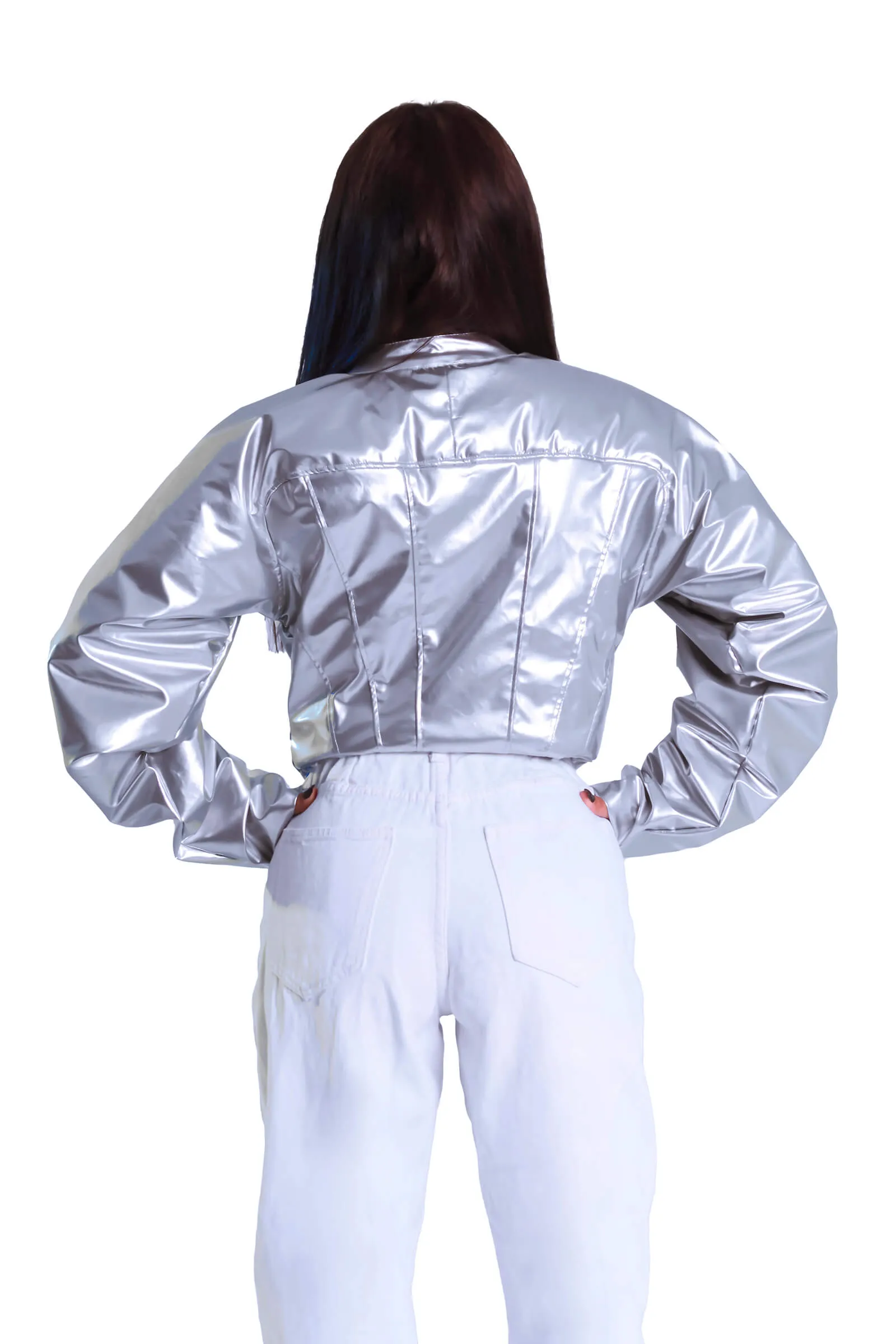 Sleek Silver Corset Leather Jacket