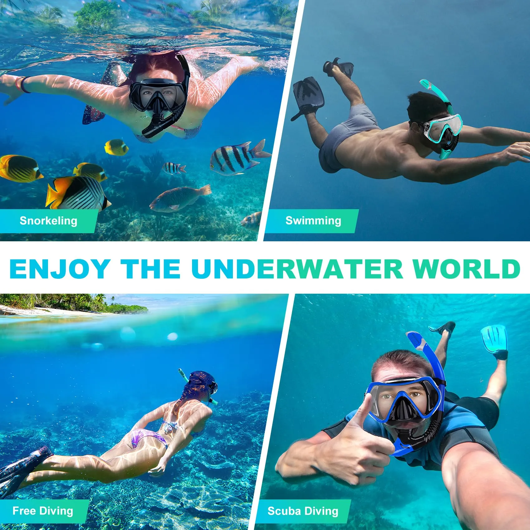 Snorkeling Gear for Adults, ZIPOUTE PRO Snorkel Mask Adult Snorkel Set, Anti-Fog Scuba Diving Mask Panoramic View Scuba Gear, Tempered Glass Snorkel Goggles Swim Masks for Adults (Black Green)