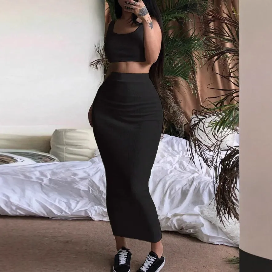 Spring Ribbed Crop Top & Skirt Set – Sleek Sleeveless Two-Piece