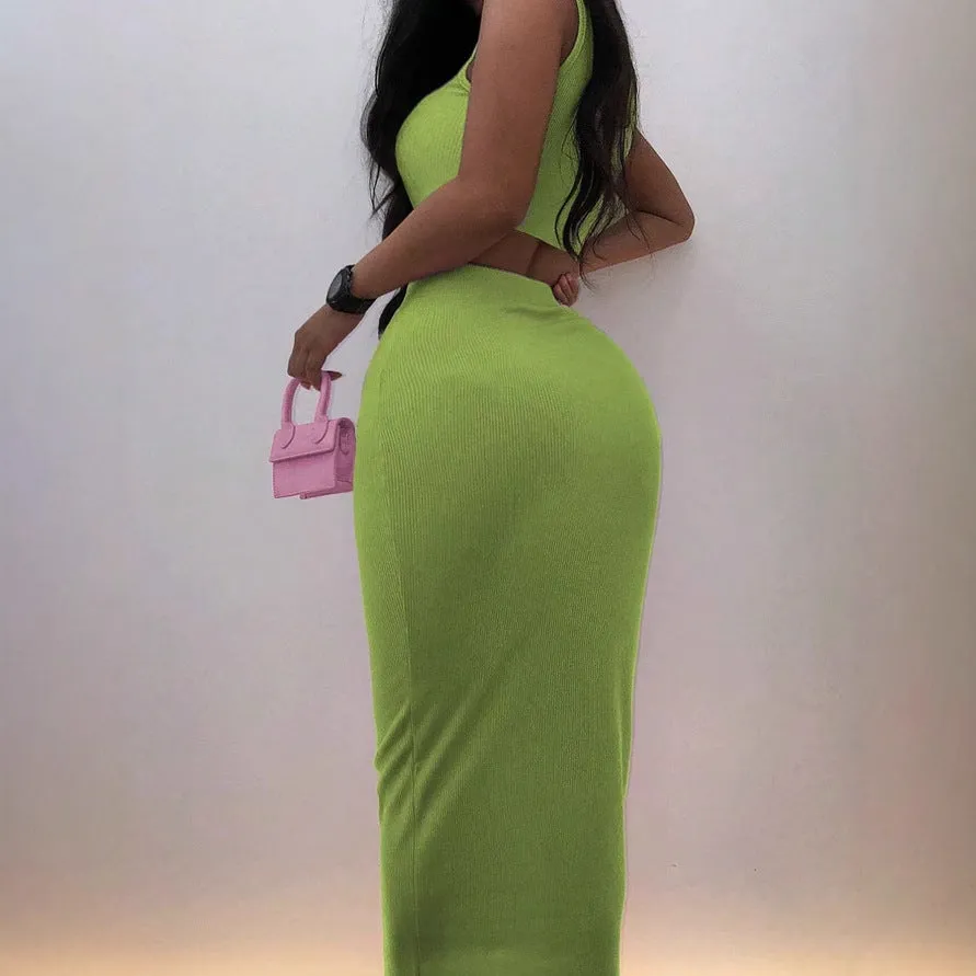 Spring Ribbed Crop Top & Skirt Set – Sleek Sleeveless Two-Piece