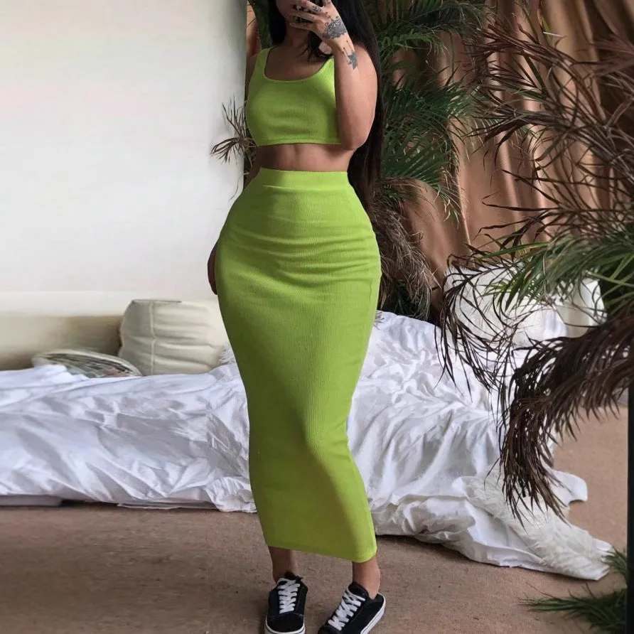 Spring Ribbed Crop Top & Skirt Set – Sleek Sleeveless Two-Piece